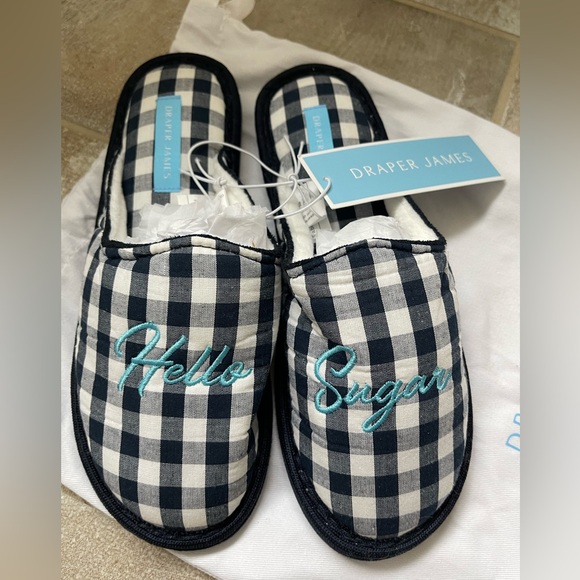 Draper James Navy and White Checkered Hello Sugar Slippers w/ Dustbag - Picture 2 of 4